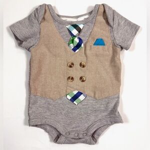 MINICLASIX Baby Boys Mock Vest Tie Bodysuit 3M Gray‎ Tan Dressy Outfit